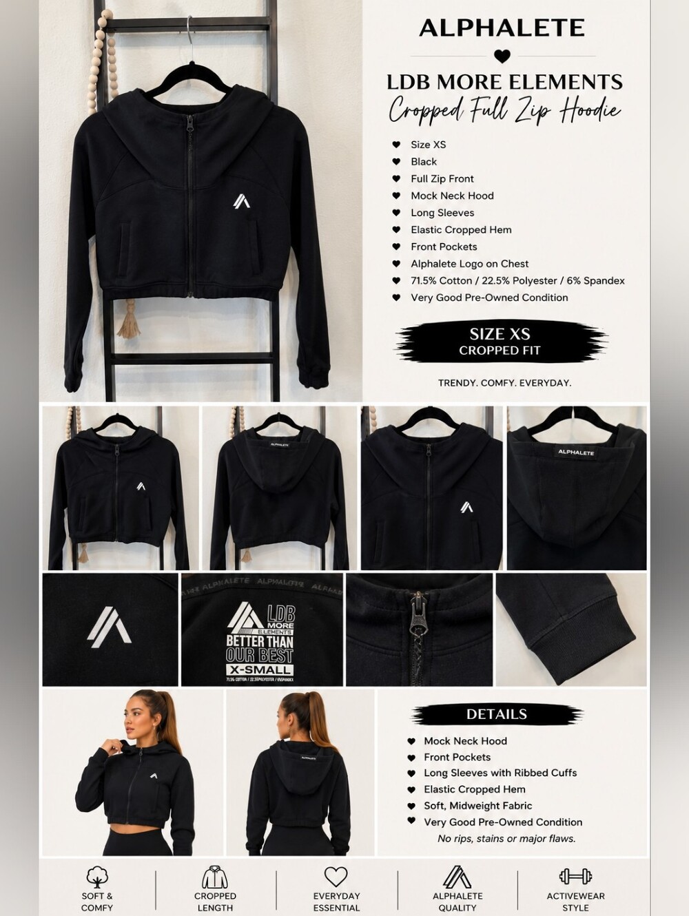 Alphalete LDB More Elements Black Cropped Full Zip Hoodie – XS